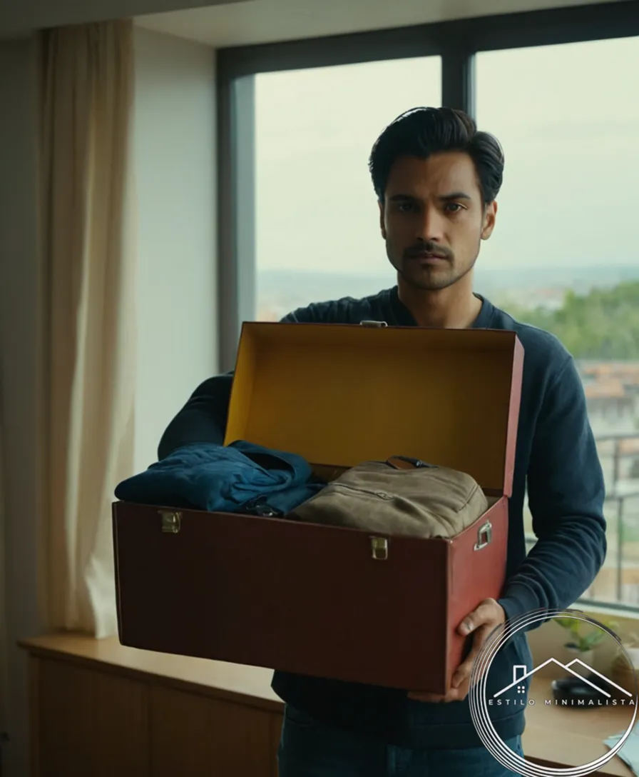 A person holding fewer belongings with a calm expression.