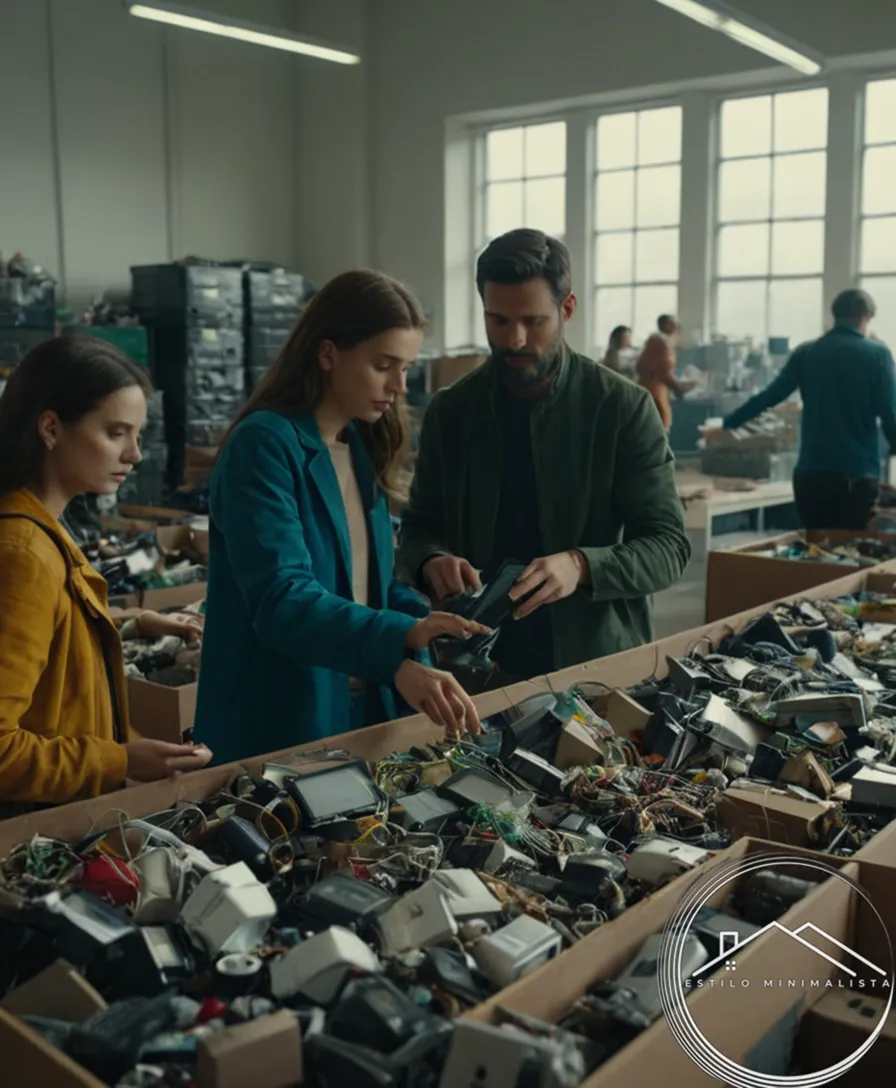2 people sorting through electronic waste together sustainably.