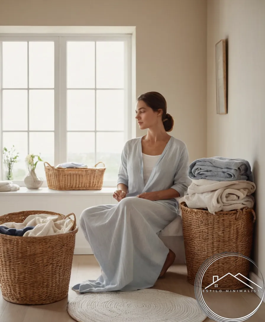 A serene woman surrounded by a calm bedroom and laundry baskets.