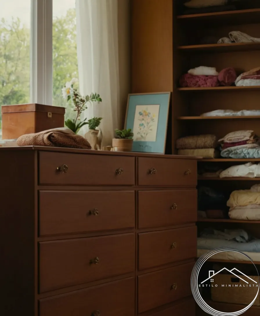 A cluttered closet or dresser with a peaceful background.
