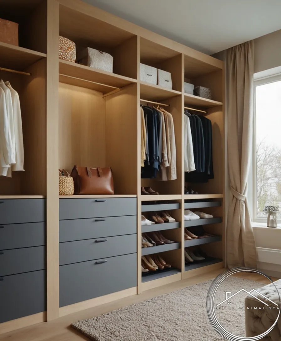 A stylish closet with seasonal clothes organized and neatly stored.