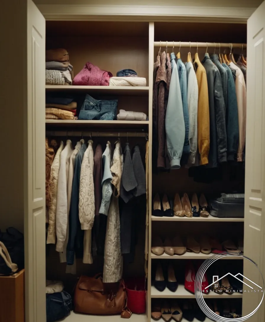 A cluttered closet with clothes and objects disorganized.
