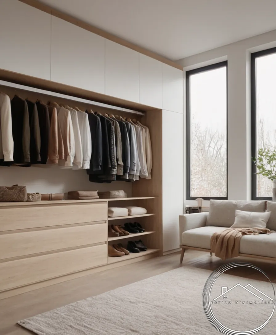 A minimalist closet with tidy organized clothes and minimalist decor.