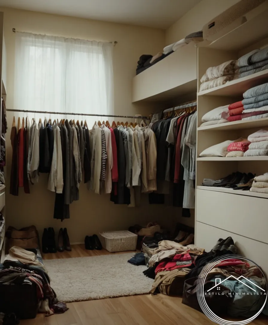 A cluttered closet with clothes scattered everywhere.
