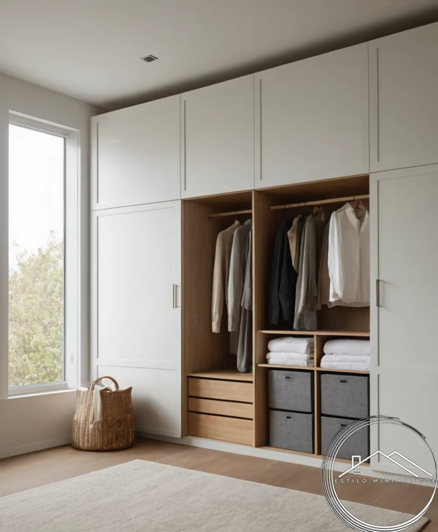 A serene, minimalist closet with folded clothes and storage.