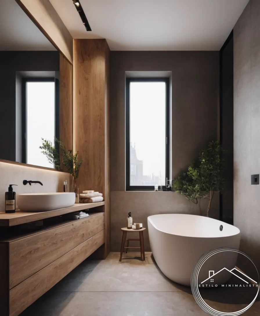 A small, stylish bathroom with minimalist vertical storage.