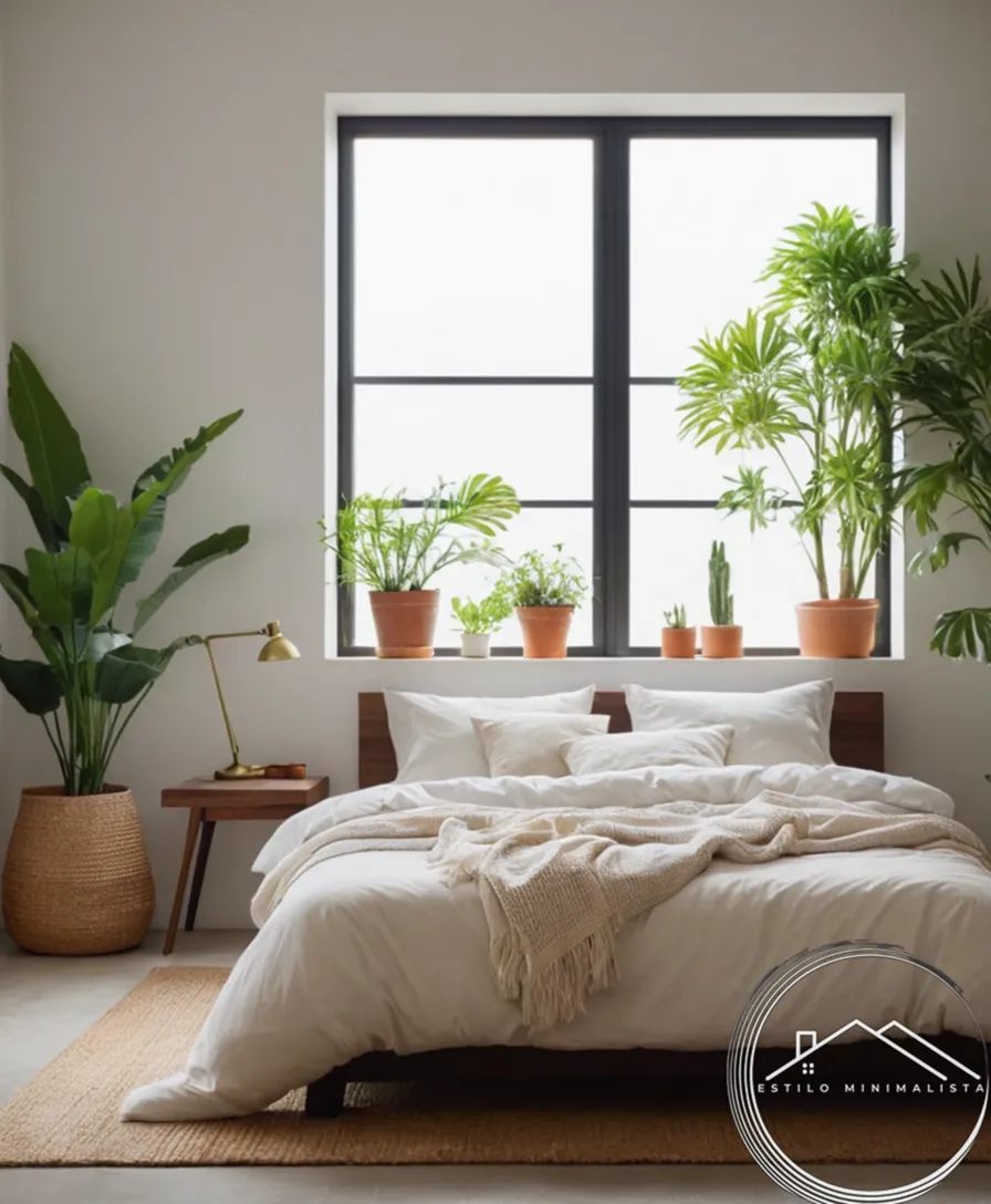 A serene bedroom with plants and minimal decor.