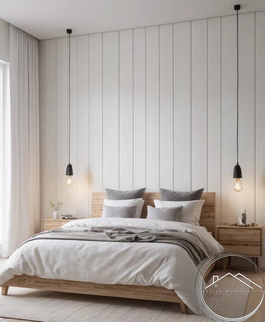 A minimalist bedroom wall clad with smooth white wooden planks.