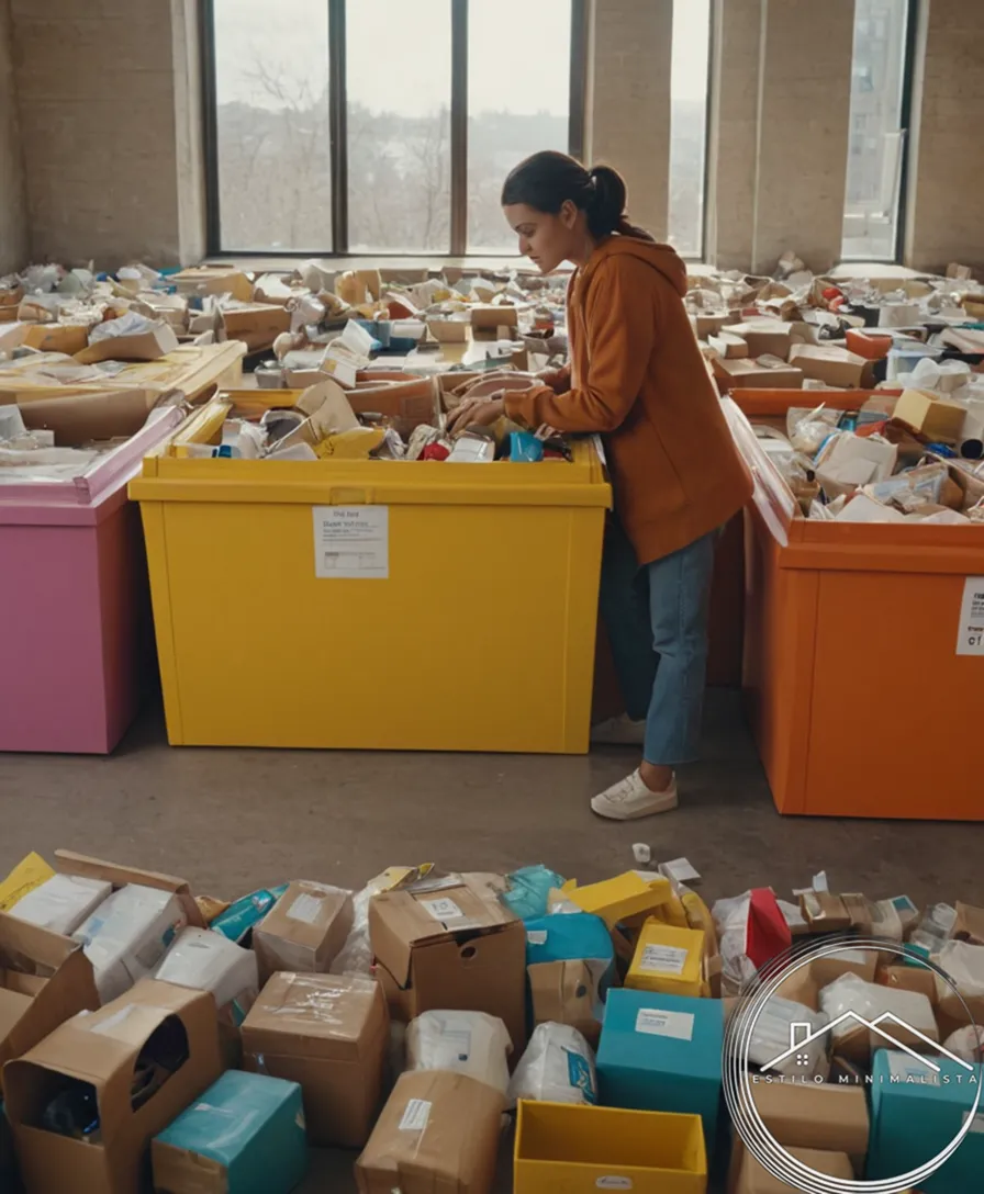 A person surrounded by minimalist donation boxes and recycled items.