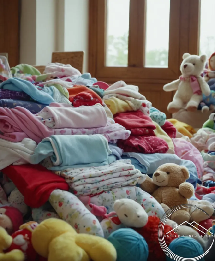 piles of baby clothes and toys being donated freely.