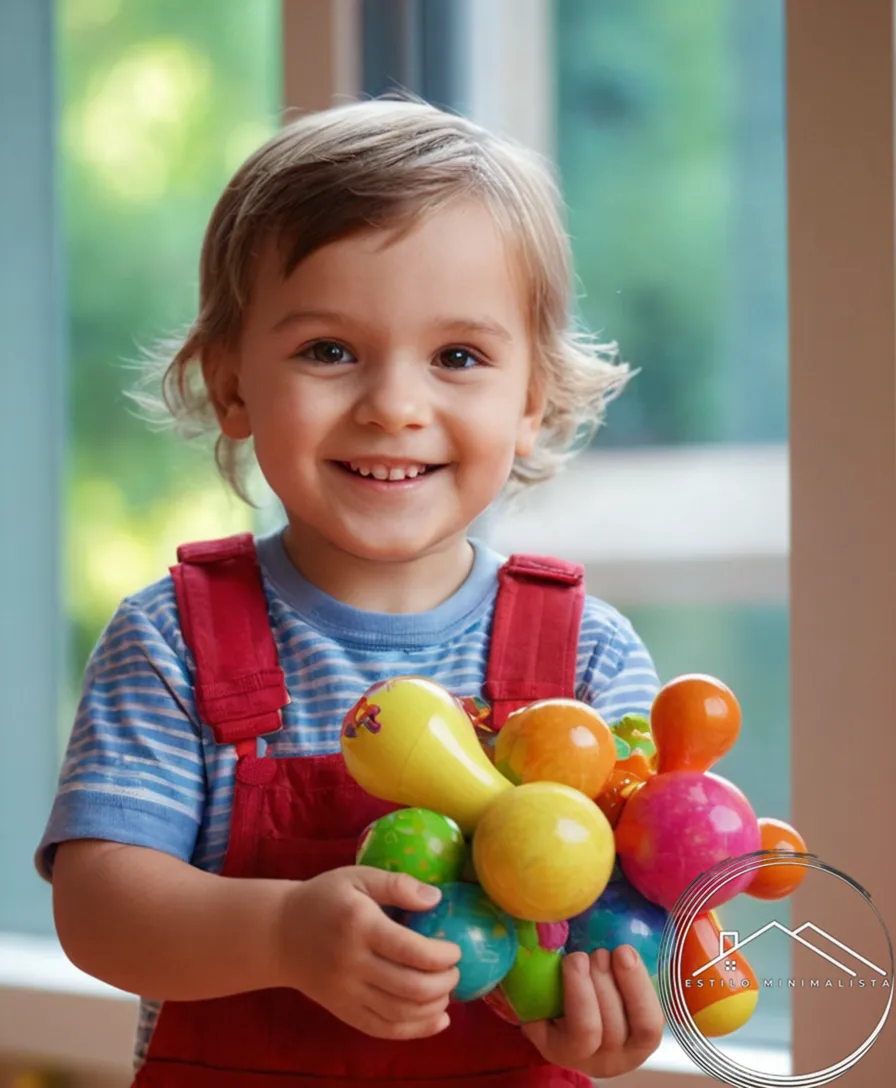 A smiling child holding a colorful, reused toy with eco-friendly elements.