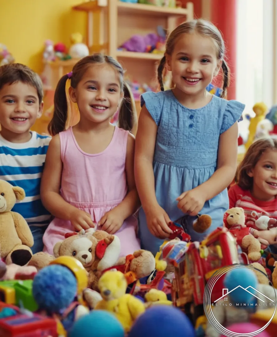Colorful children surrounded by donated, clean toys in good condition smiling.