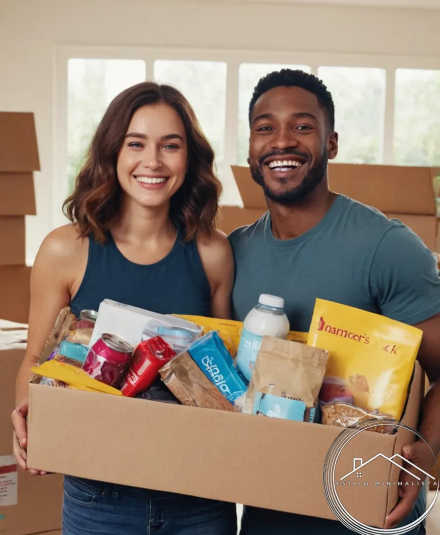 2 people holding donated items and smiling together.