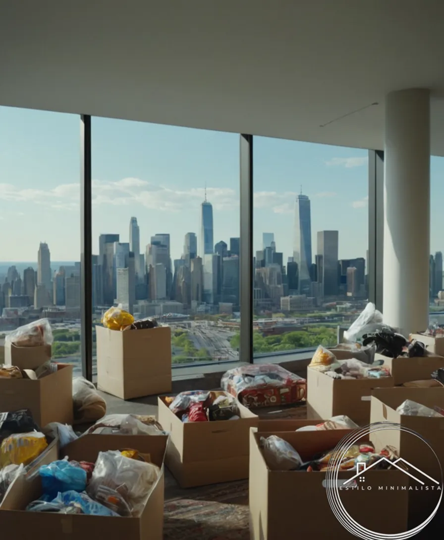 Donors surrounded by donated items, with city skyline in background.