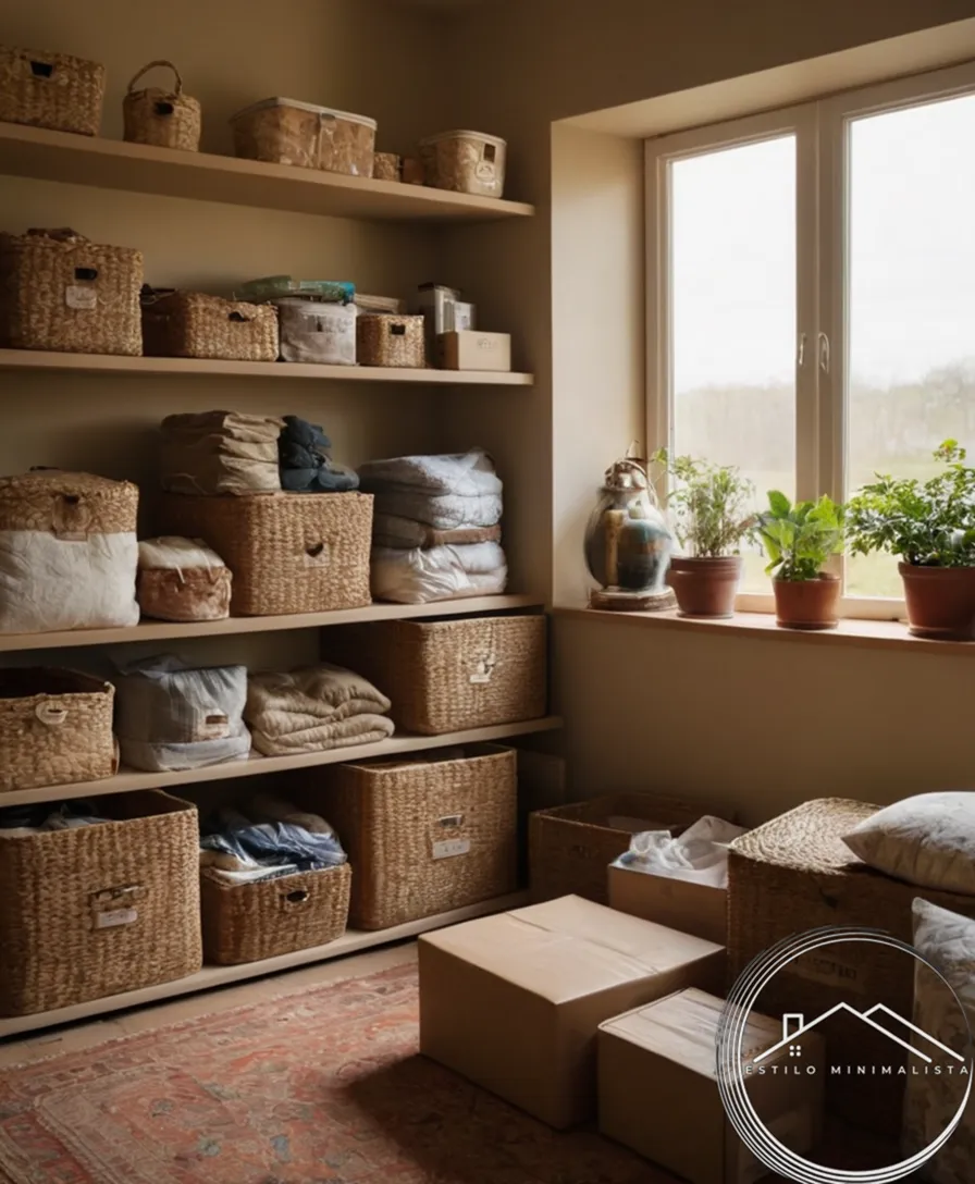 A serene, organized space with donated items neatly stacked.
