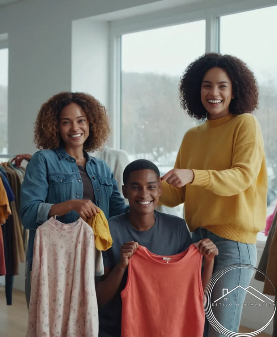 2 diverse people holding donated clothes and smiling.