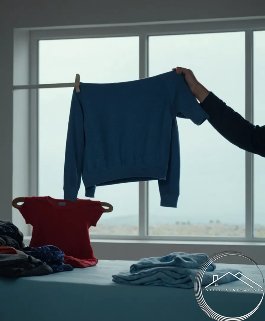 A person holding or donating used clothing with a minimalist background.