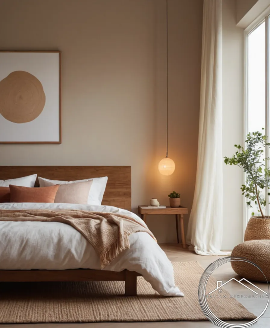 A serene, minimalist bedroom with organic textiles and simple decor.