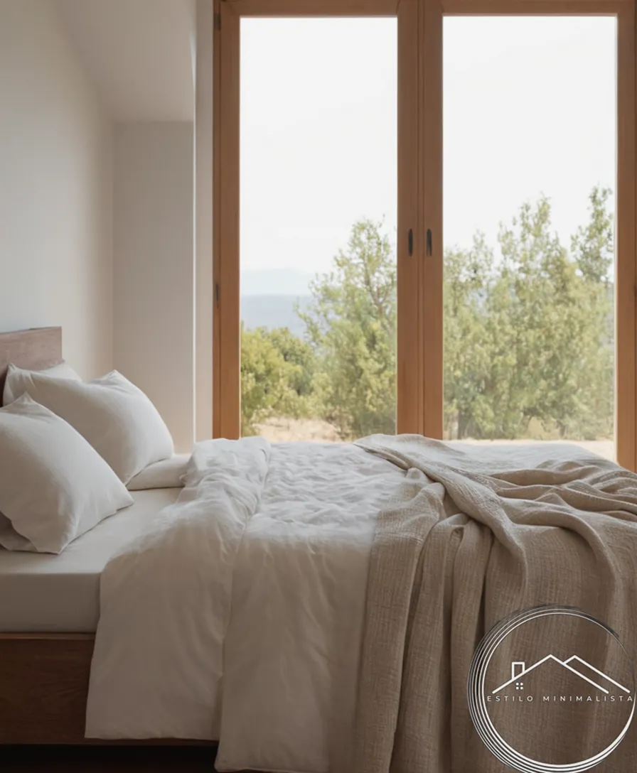 A serene bedroom with organic cotton linens and a minimalist bed.
