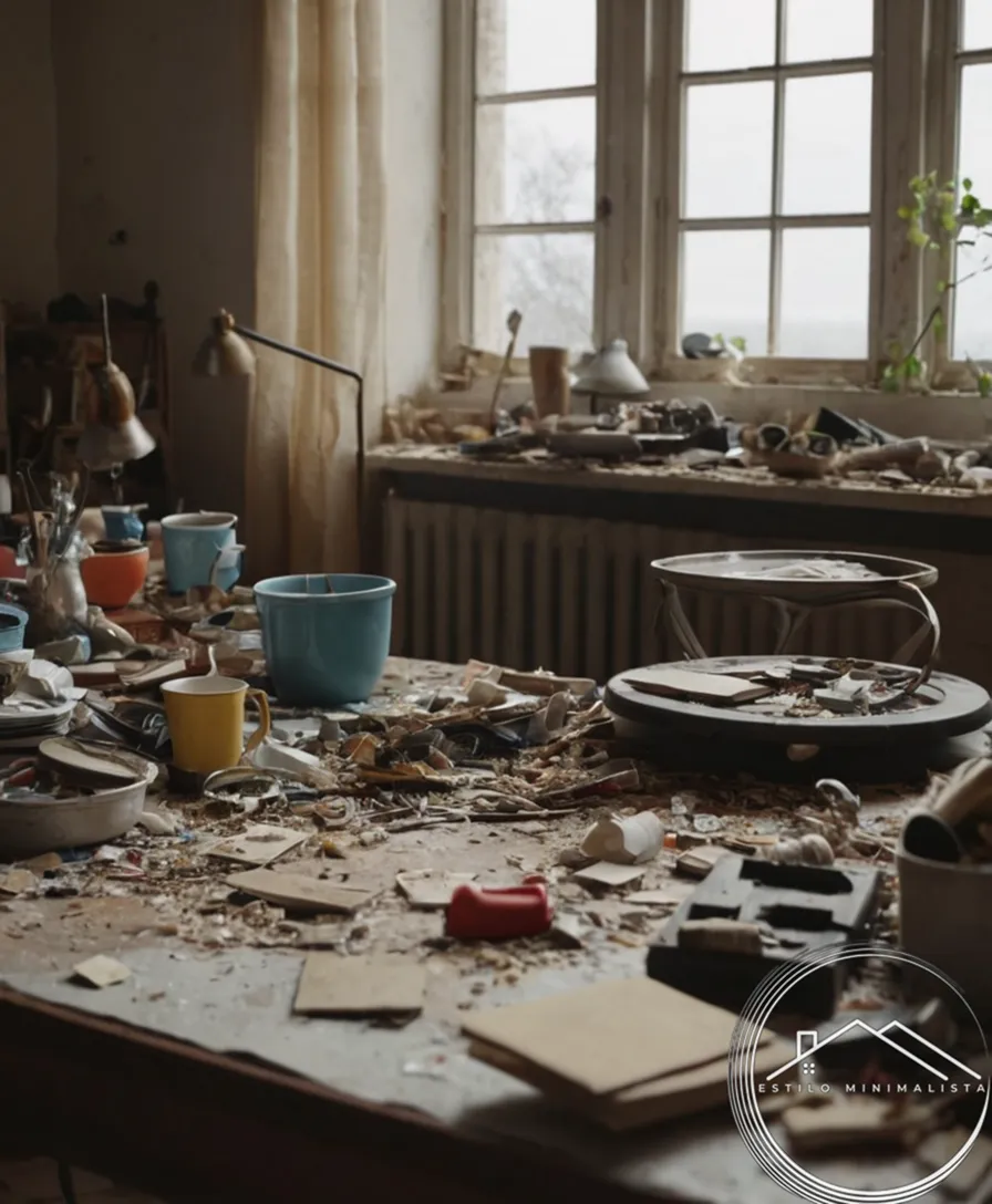 A cluttered room or a messy table with broken objects.