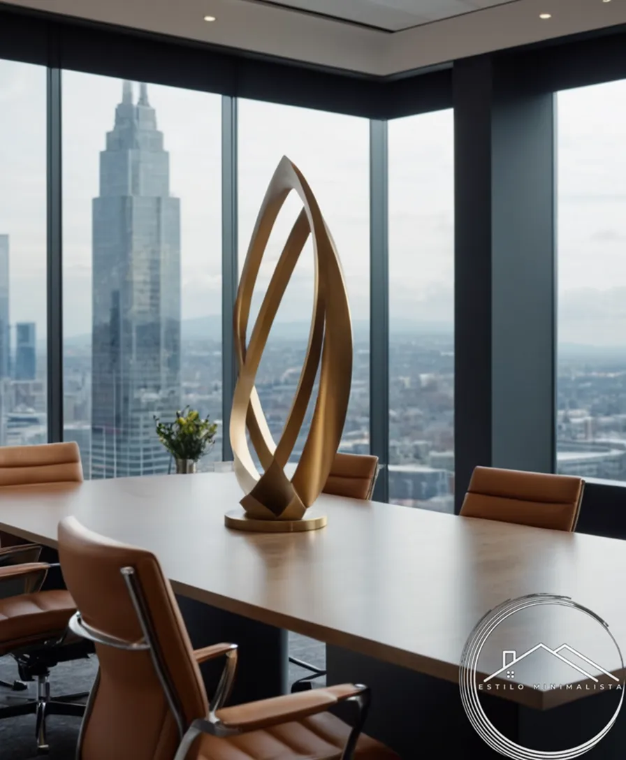 A minimalist metal sculpture in an upscale modern office setting.