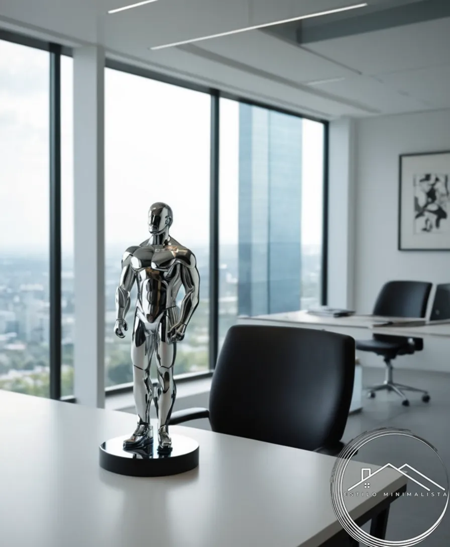 3D metal sculptures against a minimalist modern office background.