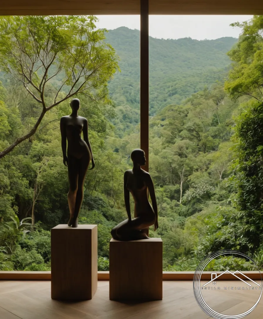 3 minimalist sculptures amidst lush, organic natural surroundings.