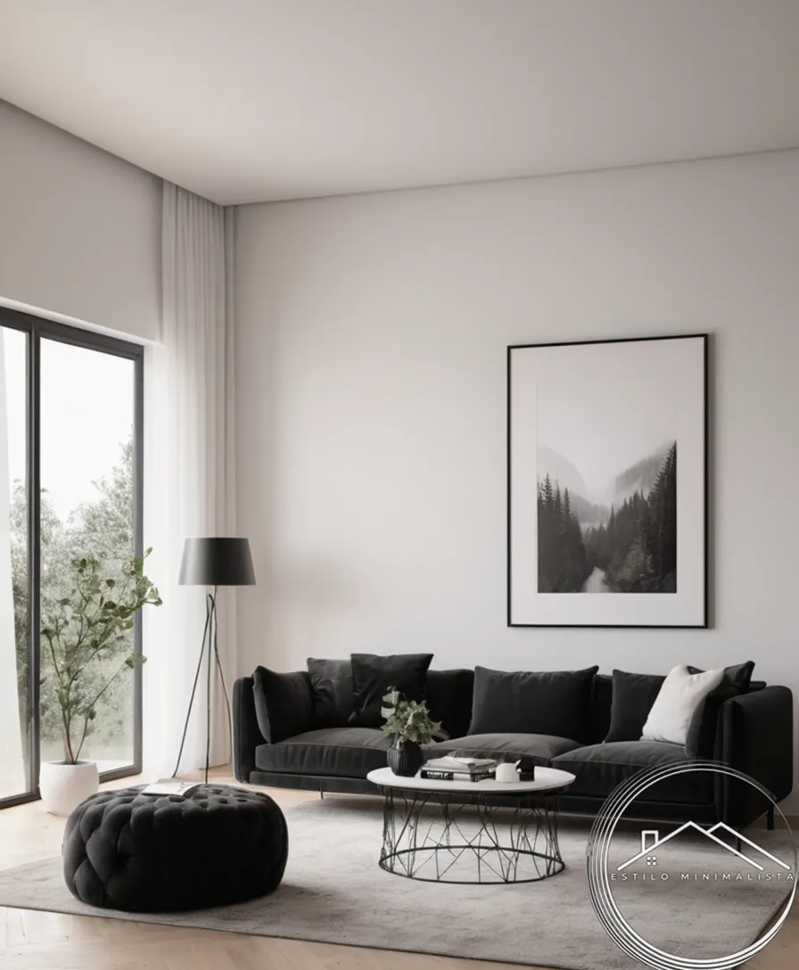 A minimalist white and black living space with unique decorative touches.