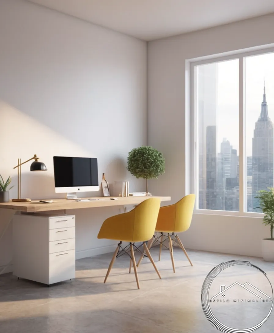 3D rendering of a minimalist office with bright workspace.