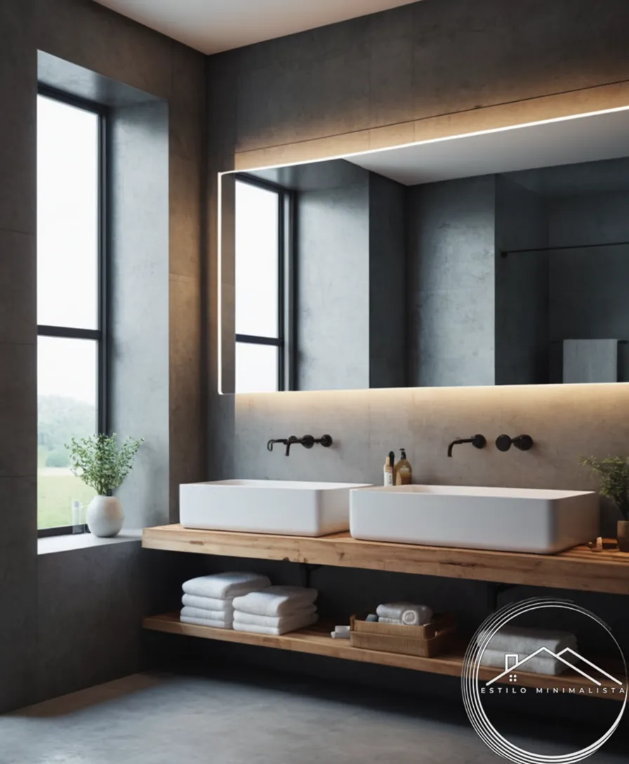 A sleek, modern industrial bathroom with large minimalist mirror.