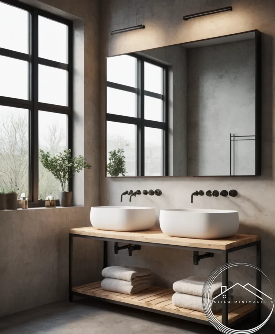 A minimalist industrial bathroom with large mirrors.