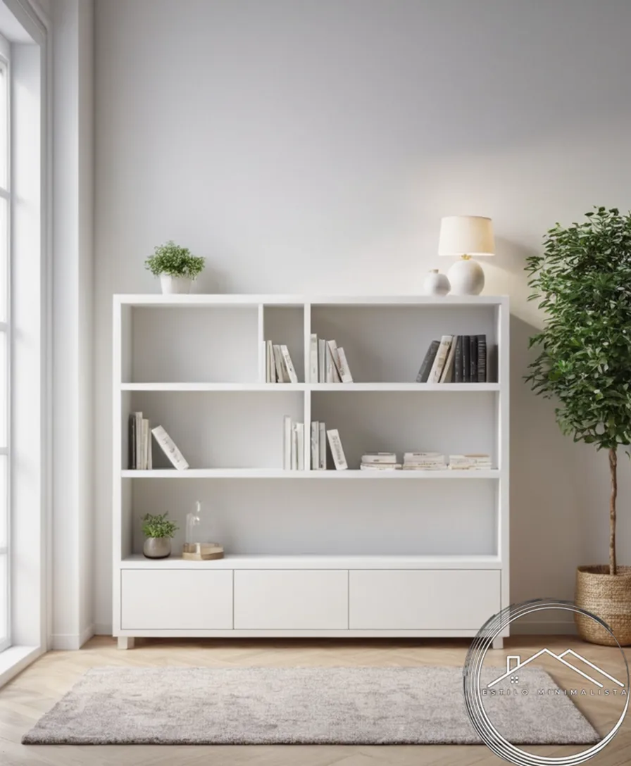 A minimalist white bookshelf with clean lines and simple decor.