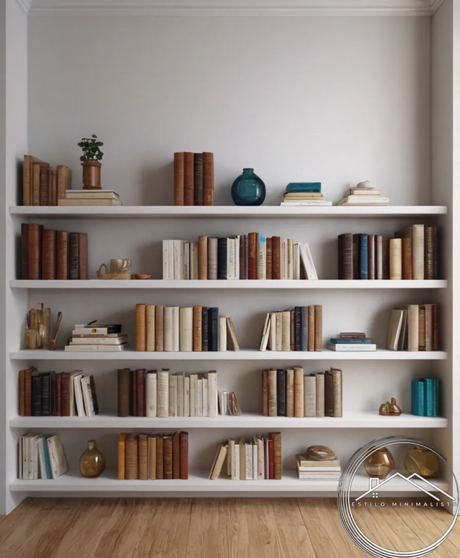 3 minimalist bookshelves in different decorative styles.
