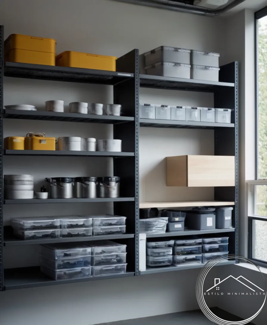 Sleek, modern minimalistic shelving systems in an organized workshop.