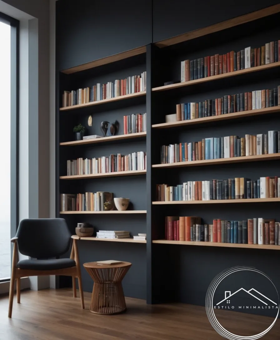 minimalist, sleek bookshelves in an organized and modern workspace.