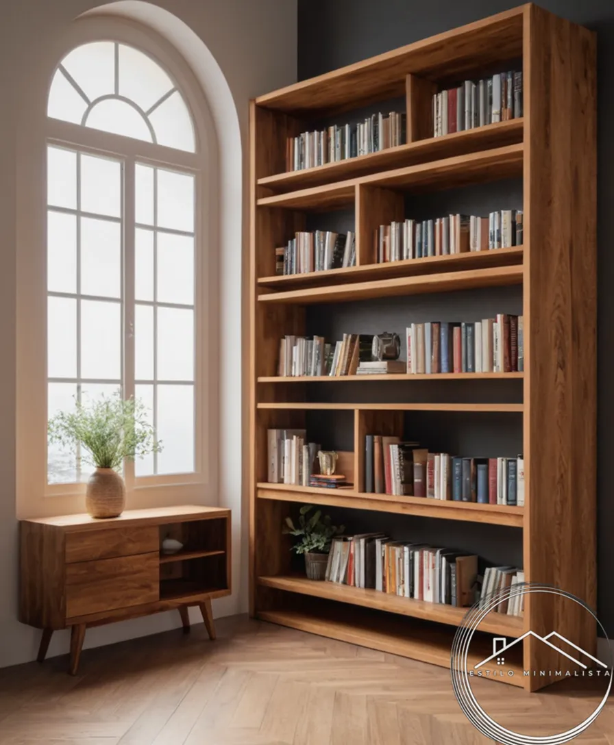 A minimalist wooden bookshelf with decorative finishing touches.