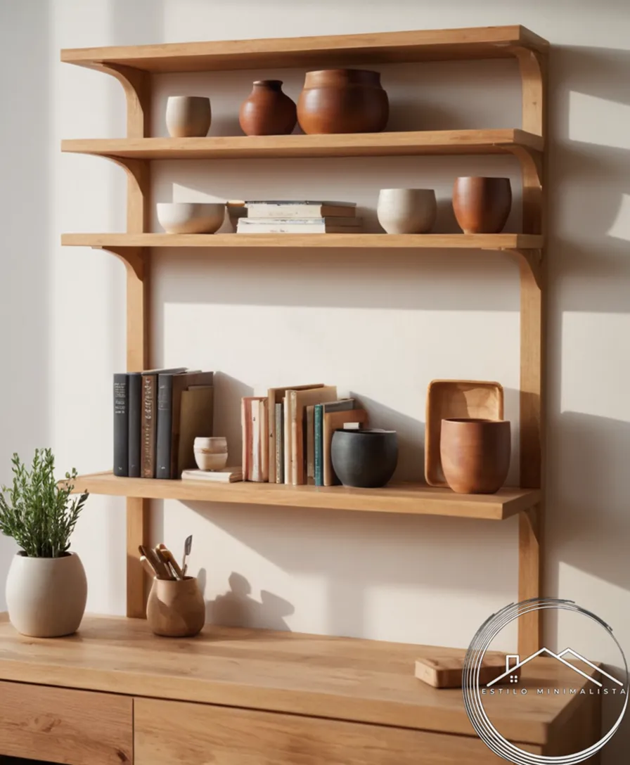 Minimalist wooden shelving units and crafting tools in natural light.