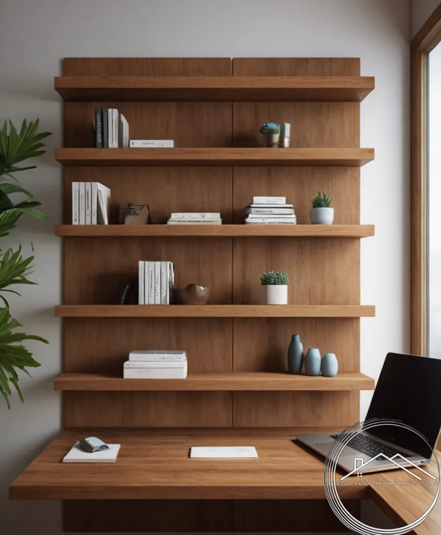 Minimalist wooden shelves in a small home office space.