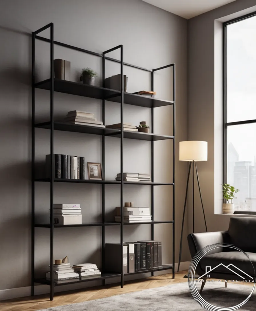 A minimalist metal black bookshelf in a cozy office setting.