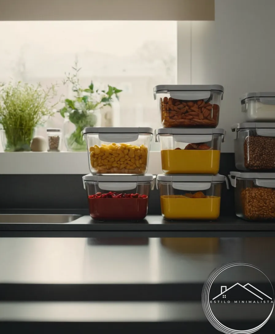 A minimalist kitchen setting with labeled, efficiently stored food containers.