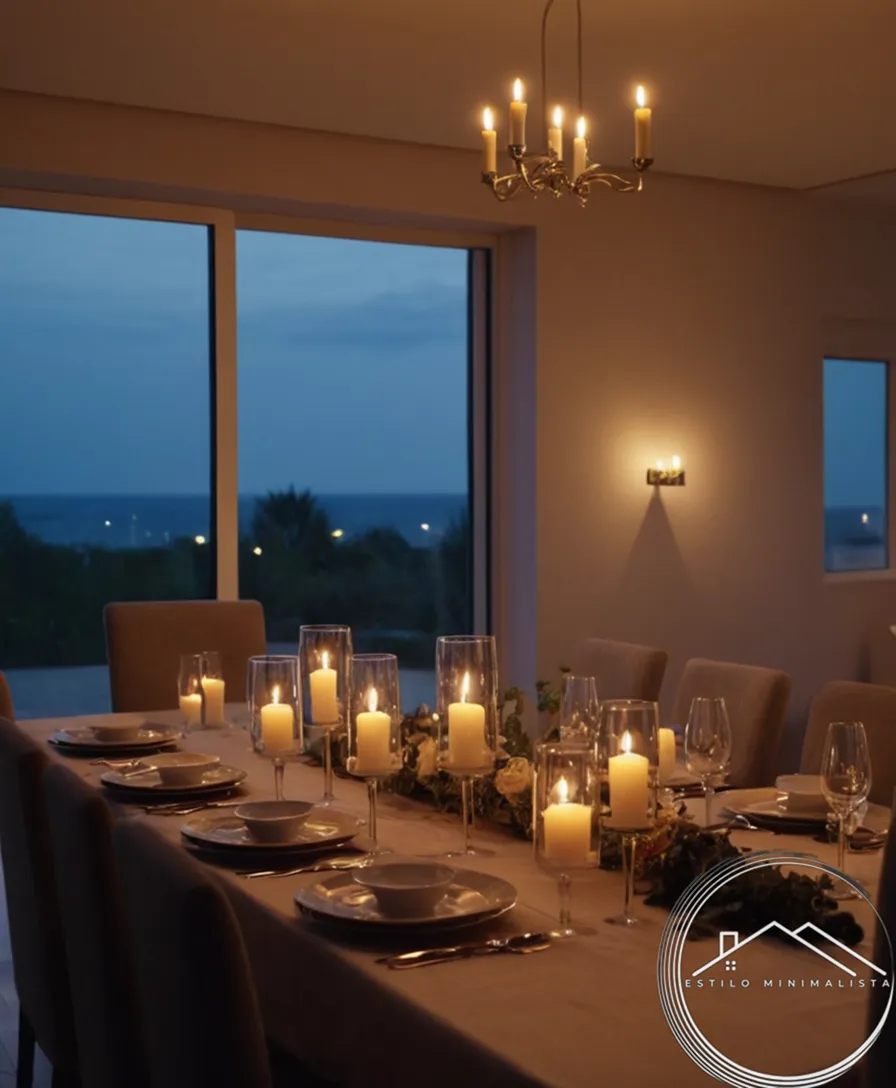 3 candles and minimalist recessed lights on a romantic dinner table.