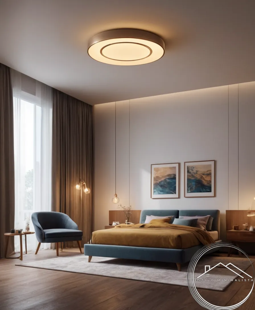 A minimalist-film-lit room with a voice-controlled smart light fixture.