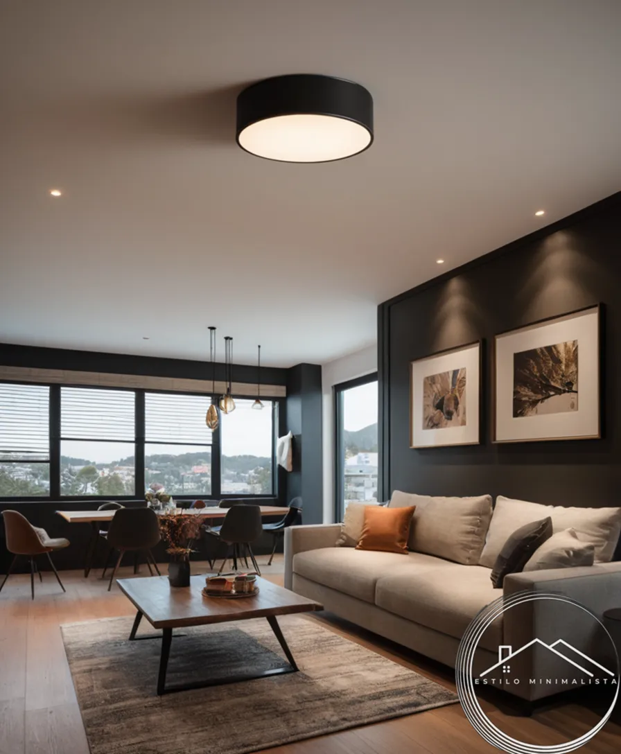 1-2 modern home decor settings with minimalist black flush-mount lights.