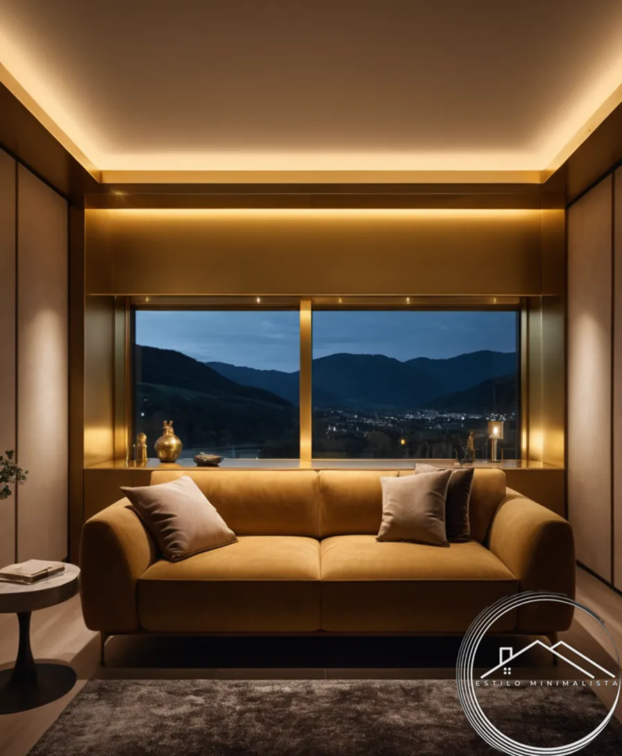 3 minimalist gold-finish integrated lights in different interior settings.