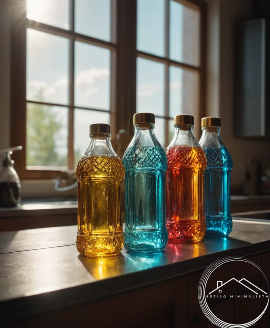 2 or 3 sparkling glass bottles with cleaning products next to them.