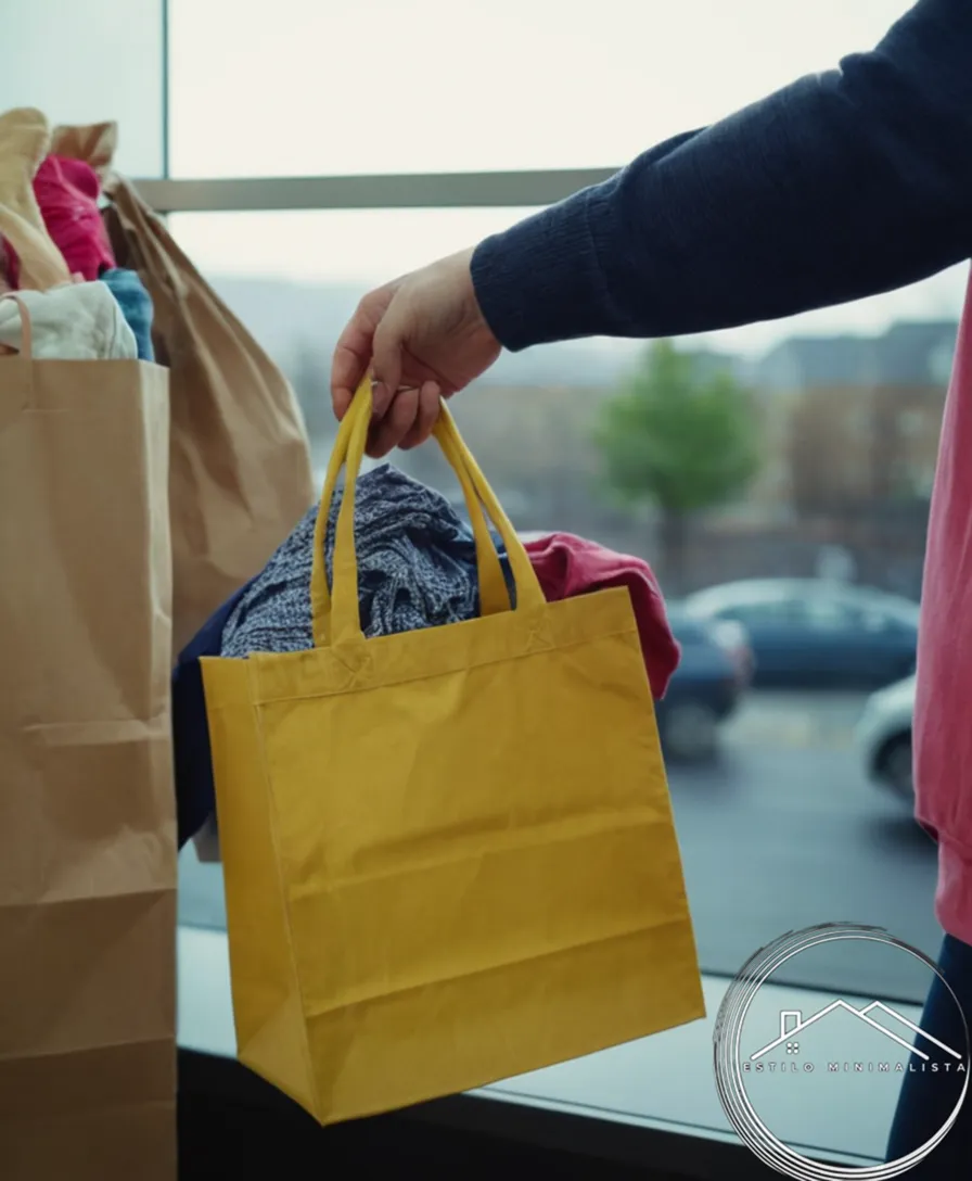 A person holding a shopping bag full of donated clothes.