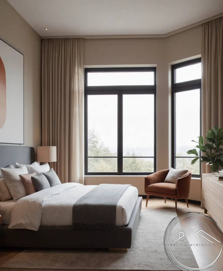 A minimalist bedroom with simplified, symmetrical furniture arrangements.