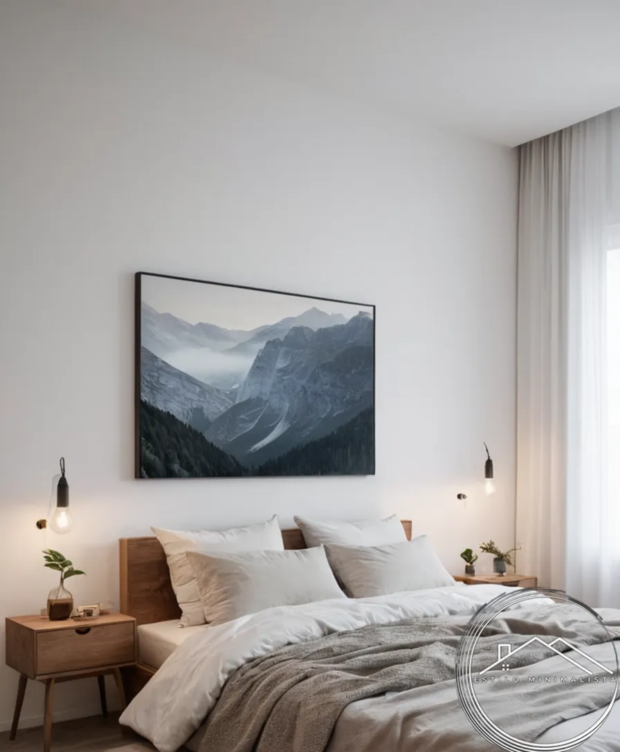 A minimalist bedroom with a white canvas wall.
