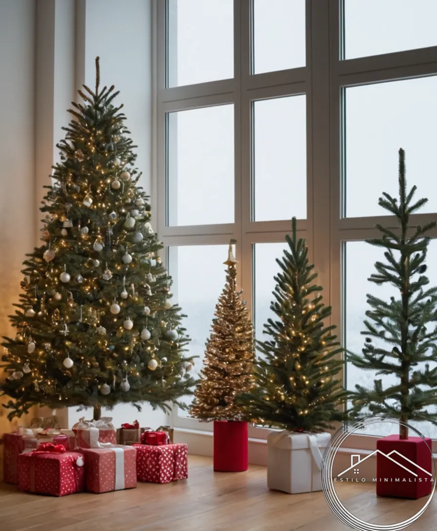 4-5 simple, stylishly lit minimalist Christmas trees near window sills.