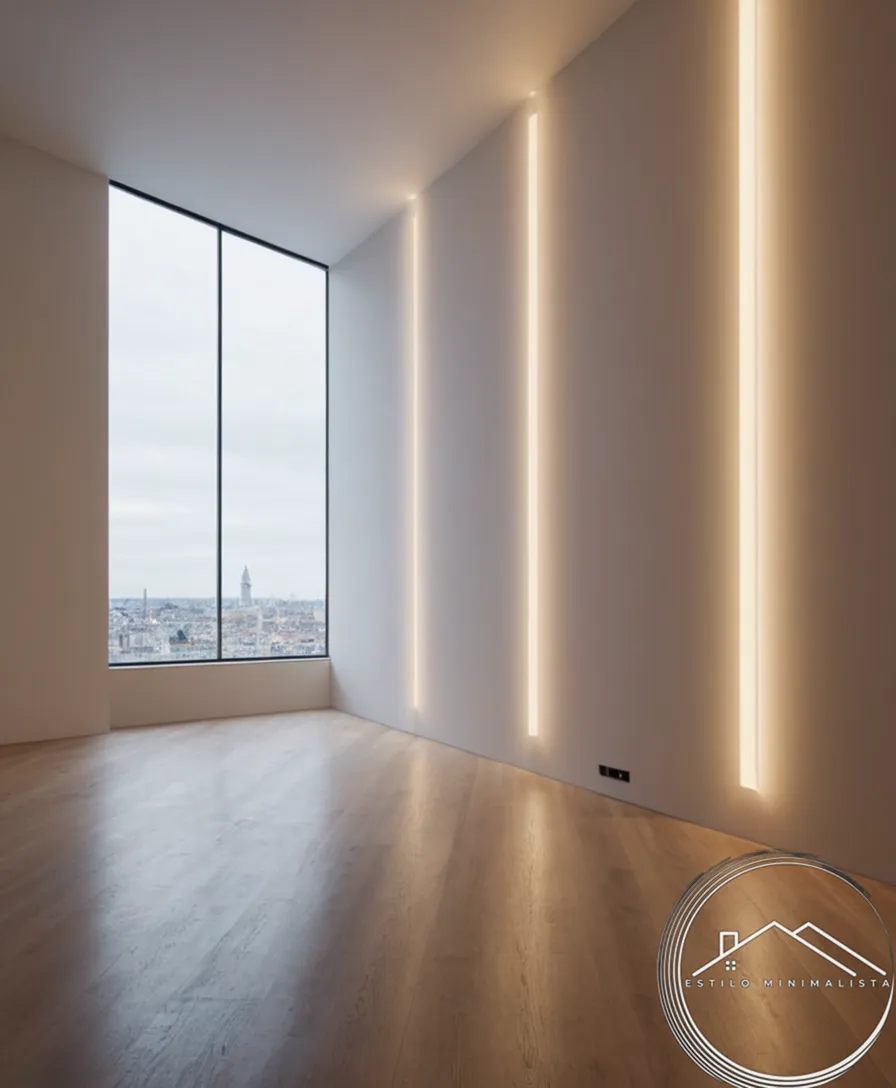 A minimalist space lit by an elegant vertical light installation.